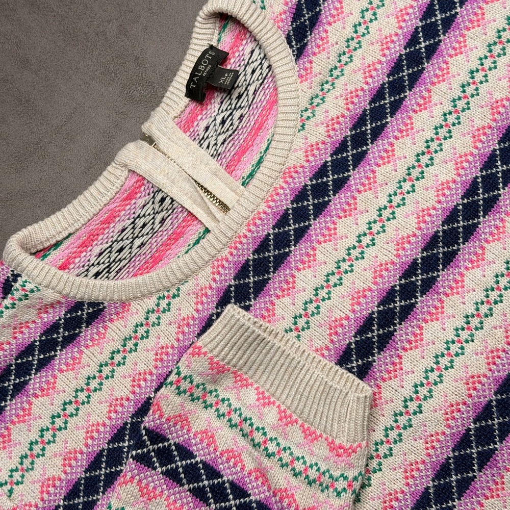 Talbotsā Sweater Womens XLP Cream Pink Fair Isle Back Zip Long Sleeve Pullover